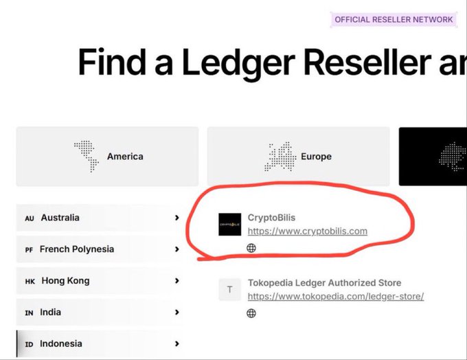 A screenshot from Ledger's "Official Reseller Network" page highlights "CryptoBills" (cryptobills.com) as an approved Asia/Pacific reseller, circling it in red to suggest that buyers who purchased compromised devices through this vendor may have been deceived by a Ledger-authorized seller, supporting the claim that Ledger bears responsibility for the scam rather than the buyers.