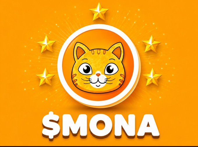 A vibrant promotional graphic features a cute orange cartoon cat face inside a circular emblem, surrounded by golden stars, with the bold text "$MONA" displayed below—promoting the Monacoin token presale where investors can exchange SOL for $MONA tokens at the listed rates.