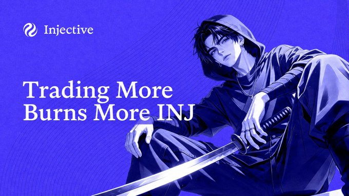 An Injective cryptocurrency promotional image with the tagline 'Trading More Burns More INJ' featuring an anime-style hooded swordsman character on a blue background.