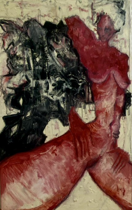 An expressive abstract painting featuring bold red brushstrokes forming a figure on the right contrasted with dark black gestural marks on the left against a textured off-white background.