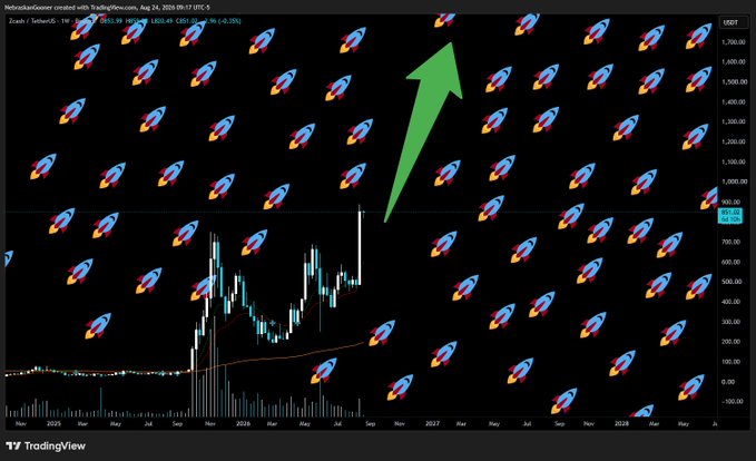 A TradingView chart of Zcash (ZEC/TetherUS) on a weekly timeframe shows the price at $803.46 with a -0.35% change, featuring a large green arrow pointing upward amid a background covered in rocket emojis, humorously illustrating the user's campaign to push ZEC above $1,000.