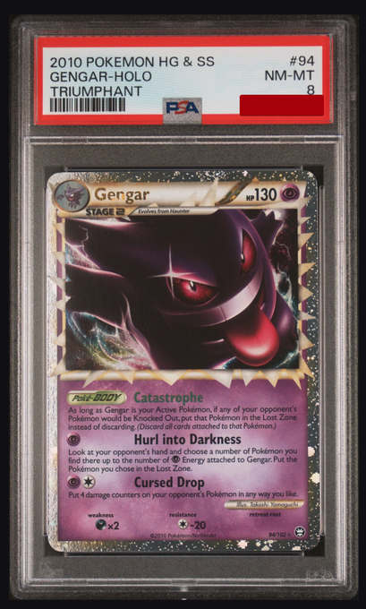 A PSA-graded Gengar Holo card #94 from the 2010 Pokémon HG & SS Triumphant set, rated NM-MT 8, displayed in its protective slab. The post celebrates adding another Gengar to the collector's bag, referencing a successful bid through a courtyard gacha spinner.