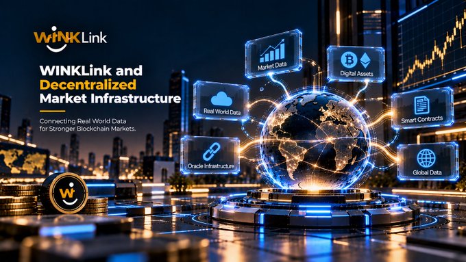 A promotional graphic for 'WINkLink' advertises 'Decentralized Market Infrastructure' with the tagline 'Connecting Real World Data for Stronger Blockchain Markets,' surrounded by icons for Market Data, Digital Assets, Real World Data, Oracle Infrastructure, Smart Contracts, and Global Data.
