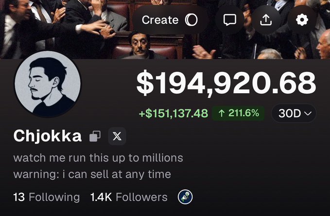 A user named "Chjokka" with a profile balance of $194,920.68 (up $151,137.48 or 211.6% over 30 days) and 1.4K followers showcases their trading success on what appears to be a crypto/trading platform, aligning with their post praising the PumpFun app's features like callout earnings and multi-chain support.
