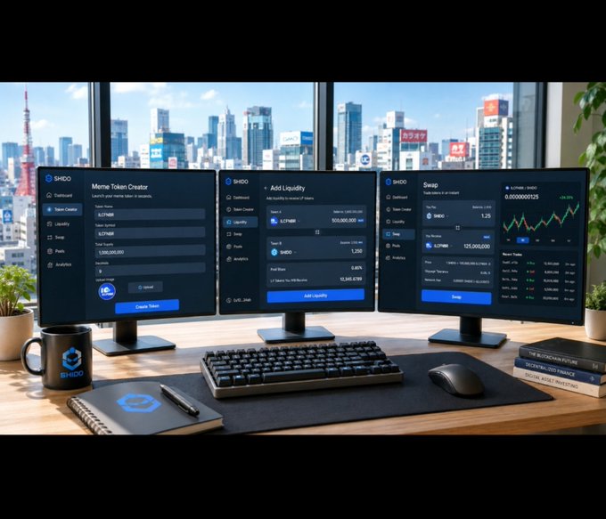 A sleek trading workspace features three monitors displaying the Shido platform's interface with "Meme Token Creator," "Add Liquidity," and "Swap" screens, set against a city skyline backdrop and accompanied by a Shido-branded mug, notebook, and books on the wooden desk. The setup visually embodies the platform's promise to "Launch your meme, Add liquidity, Trade, Earn"—showcasing its comprehensive, fast, and affordable DeFi toolkit.