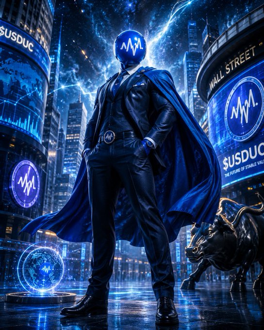 The image features a man dressed as Superman, standing in front of a bull statue with his cape flying behind him. The caption reads "Unstable coin has the best narrative of the decade higher $usduc forever", which suggests that the image is related to the cryptocurrency market or the concept of stablecoins.

The man's attire includes a suit and cape, while the bull statue represents a symbol often associated with power and strength in various cultures. The caption implies that the unstable coin has gained significant attention due to its impressive narrative value, which could be attributed to factors such as its stability, low volatility, or other unique characteristics.