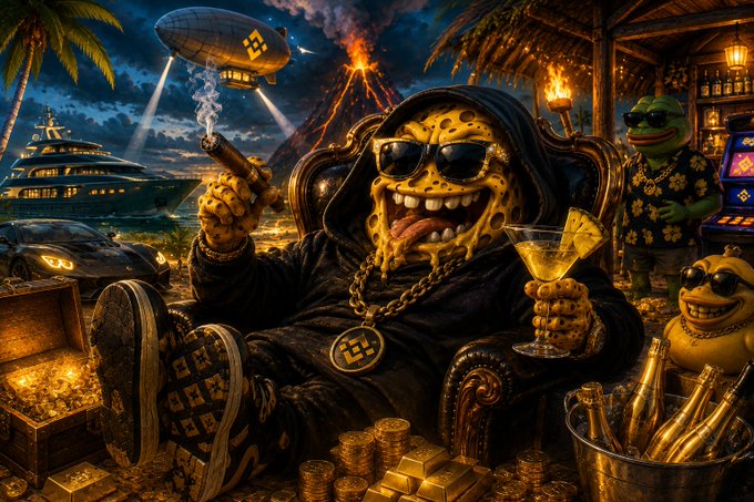 A vibrant, surreal digital illustration of a gold figure wearing sunglasses and a black hoodie, smoking a cigar and holding a cocktail, surrounded by gold coins, a treasure chest, a yacht, a blimp with a Bitcoin 'B' logo, and frog characters, with a volcano erupting in the background.