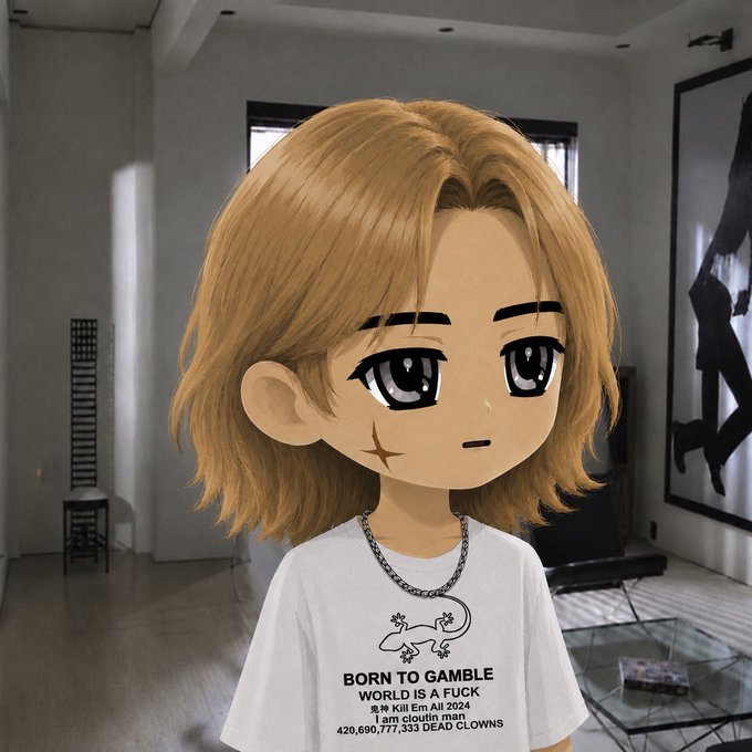 A chibi-style anime character with blonde hair stands in a modern living room, wearing a white t-shirt that reads "BORN TO GAMBLE WORLD IS A FUCK, 我犇 Kill Em All 2024, I am cloutin man, 420,690,777,333 DEAD CLOWNS," paired with a silver chain necklace. The image appears to be a stylized avatar or meme reply, fitting the casual "Gm" (good morning) greeting directed at Grok and the broader crypto community.