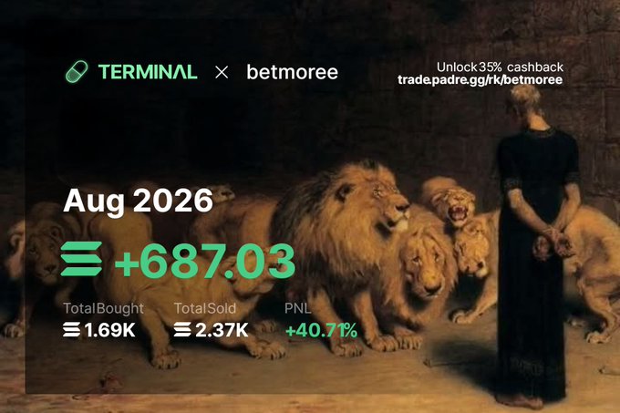 A promotional graphic for 'TERMINAL × betmoree' featuring the classic painting 'Daniel in the Lions' Den', showing 'Aug 2026 SOL +687.03', Total Bought 1.69K, Total Sold 2.37K, PNL +40.71%, and a link 'trade.padre.gg/rk/betmoree' with 'Unlock 35% cashback'.
