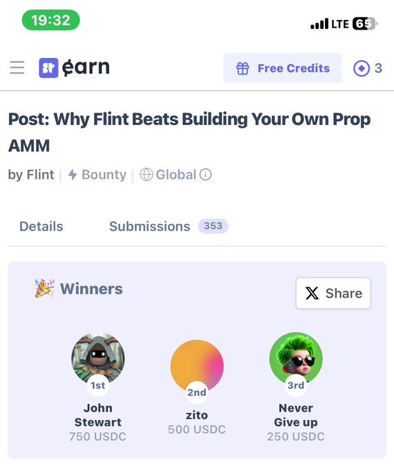 Screenshot of a bounty post titled 'Why Flint Beats Building Your Own Prop AMM' by Flint, showing winners: 1st John Stewart (750 USDC), 2nd zito (500 USDC), and 3rd Never Give up (250 USDC), with 353 submissions.