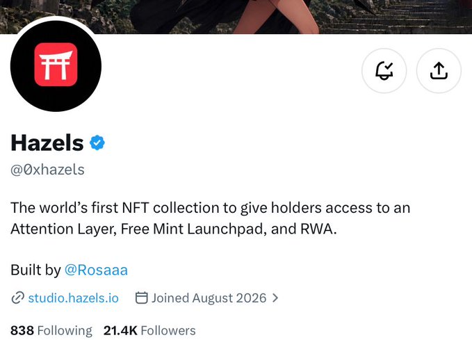 A social media profile page for "Hazels" (@0xhazels) describing itself as "The world's first NFT collection to give holders access to an Attention Layer, Free Mint Launchpad, and RWA." with 21.4K followers.