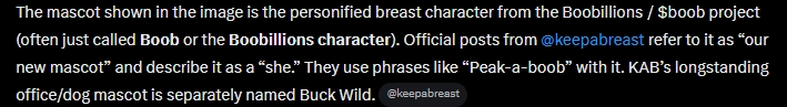 A text excerpt explaining that the mascot shown is the personified breast character from the Boobillions/$boob project, referenced by @keepabreast with phrases like 'Peak-a-boob,' while KAB's office/dog mascot is separately named Buck Wild.
