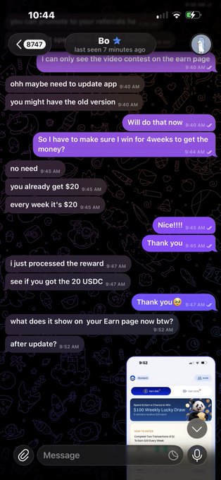 A text exchange where the user reports winning $20 in the Pi Network video contest, with the sender offering to ensure they claim it for four weeks of participation, accompanied by a screenshot showing "Weekly Lucky Draw" and a 100 Pi reward.