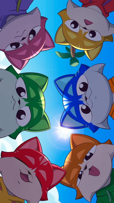 An animated illustration of six cartoon cat-like characters with different colored masks (purple, yellow, green, blue, red, orange) looking down into a circle against a blue sky background.