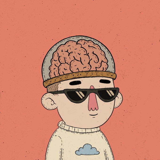 A stylized cartoon illustration shows a pale, bespectacled figure wearing a headband that reveals an exposed brain instead of hair, paired with a cloud-patterned sweater against a coral background. The quirky, eccentric character visually represents the "brainy" or calculated preparation—watching the clock with wallet ready—for the hyped NFT drop timing described in the post.