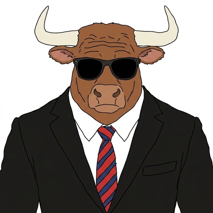 An illustrated logo of a brown bull wearing black sunglasses, a black suit, a white shirt, and a red and blue striped tie against a white background.