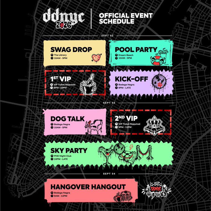 A graffiti-styled 'Official Event Schedule' poster for 'DDMVC 2023' displaying events across September 2-4, including Swag Drop, Pool Party, Kick-Off, Dog Talk, Sky Party, and Hangover Hangout, each with times and locations.