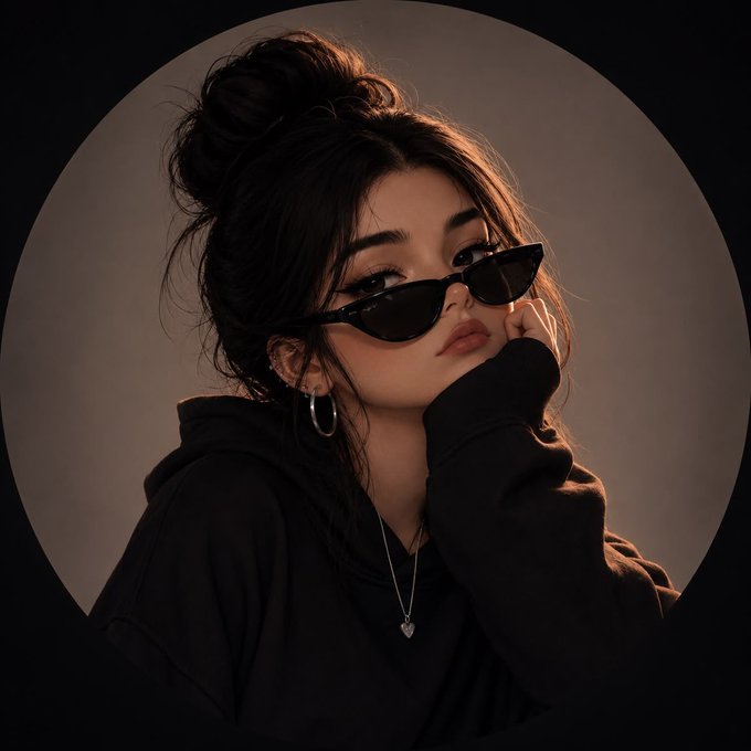 Stylized portrait of a young woman with a messy bun, wearing sunglasses and a black hoodie, framed in a circular vignette.