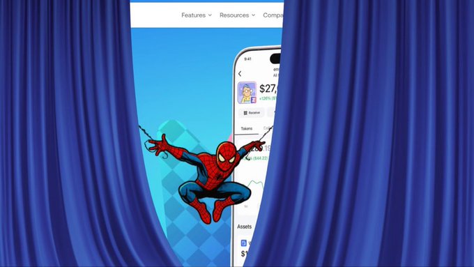 Blue theatrical curtains part to reveal a smartphone displaying a financial app with a "$27" figure and "+100%" gain, with Spider-Man dramatically leaping out from the screen—visually teasing the big reveal mentioned in the post about an upcoming announcement from Zerion.