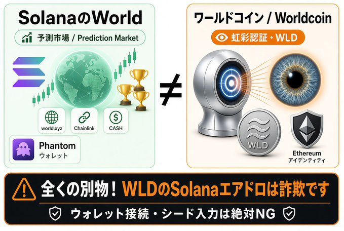 A Japanese-language warning graphic contrasts 'SolanaのWorld' (Prediction Market on Solana) with 'ワールドコイン / Worldcoin' (WLD iris authentication), warning that the WLD Solana airdrop is a scam and users should never connect wallets or input seed phrases.