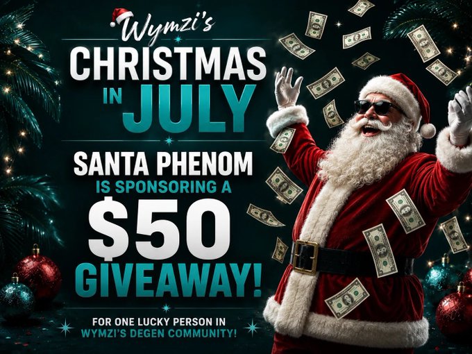 A festive holiday-themed promotional graphic advertises "Wymzi's Christmas in July" giveaway, sponsored by "Santa Phenom," featuring $50 for one lucky person in "Wymzi's Degen Community," with an image of Santa Claus wearing sunglasses and throwing money into the air alongside Christmas ornaments and tropical foliage—aligning with the post's call to action asking users to follow, retweet, and comment their Kick username and USDC on SOL address to enter the giveaway.