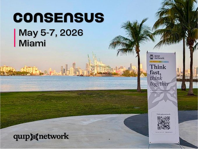This image promotes the Consensus conference in Miami from May 5-7, 2026, featuring a banner for Quip Network with the slogan "Think fast, think together." The poster connects to the accompanying post by highlighting Quip Network as a platform for productive Web3 conversations.