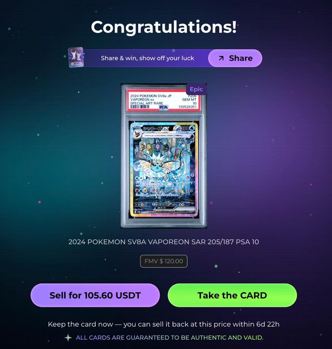A mobile app screen celebrating the acquisition of a graded '2024 POKEMON SV8A VAPOREON SAR 205/187 PSA 10' trading card with an FMV of $120.00, offering options to 'Sell for 105.60 USDT' or 'Take the CARD'.