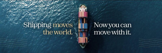 Aerial view of a container ship at sea with overlaid text reading "Shipping moves the world. Now you can move with it," promoting how EthraShip is tokenizing the maritime shipping industry as a real-world Web3 asset class.