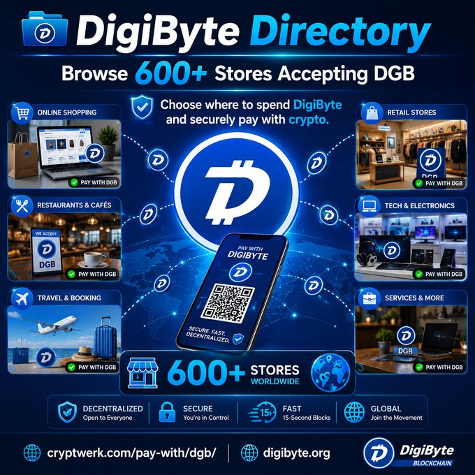 A promotional infographic for DigiByte (DGB) advertising its "DigiByte Directory" featuring 600+ stores worldwide accepting the cryptocurrency as payment, with categories including online shopping, restaurants & cafés, retail stores, tech & electronics, travel & booking, and services—all highlighting secure, fast (15-second blocks), and decentralized transactions.