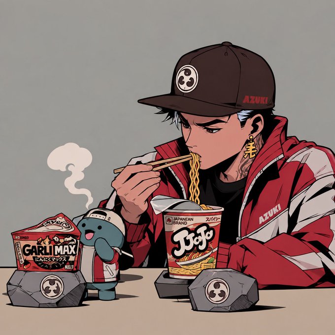 An anime-style illustration of a young man wearing a red jacket and black cap eating ramen noodles from a cup labeled 'JJO' alongside a small blue character and red snack packaging marked 'GARLI MAX'.