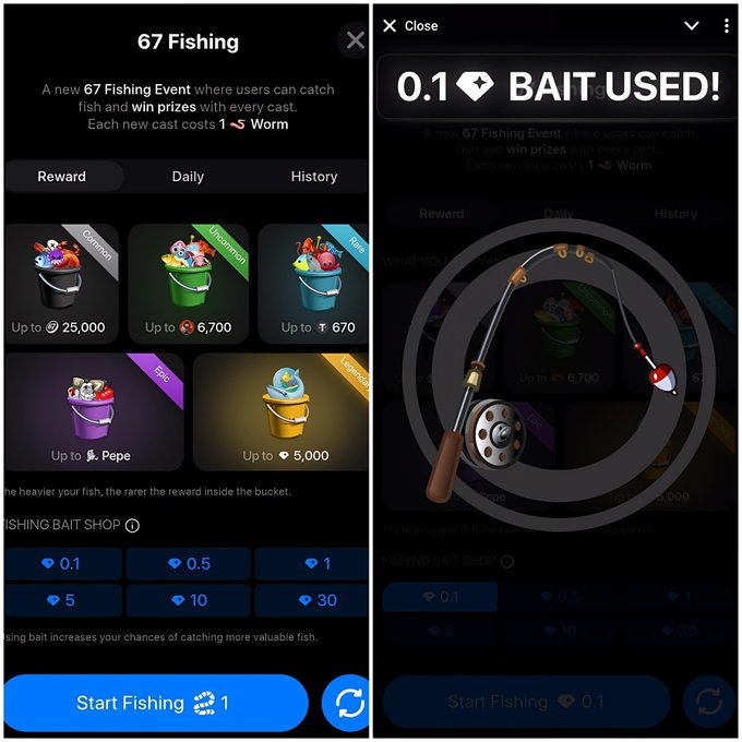 The image displays a "67 Fishing" event interface showing reward tiers (Up to 25,000, 6,700, 670, Pepe, and 5,000) alongside a bait shop offering options from 0.1 to 30 diamonds, with the second screenshot confirming "0.1 BAIT USED!" via a fishing rod animation. This aligns with the post's description of testing the new feature with a minimal 0.1 $GRAM bait before scaling up to larger amounts for better rewards.