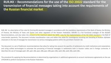 The image displays a slide titled "RUR.MX – Recommendations for the use of the ISO 20022 standard for the transmission of financial messages taking into account the requirements of the Russian financial market," referencing the Bank of Russia and the Ministry of Finance as authors of the document. It connects to the accompanying post by illustrating Russia's formal steps toward adopting the ISO 20022 messaging standard, which serves as a foundation for potentially integrating with global payment systems like XRP/Ripple.