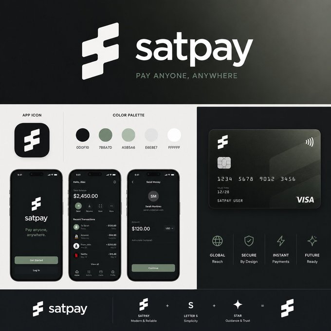 A branding presentation for 'satpay' payment app with the tagline 'Pay anyone, anywhere,' showing app icon, color palette, mobile app screens, and a Visa credit card design.