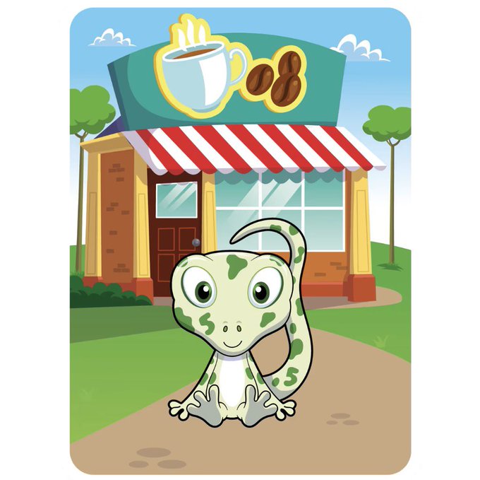 A cartoon illustration of a cute green and white lizard/gecko character in front of a coffee shop with a striped awning and coffee beans on the sign.