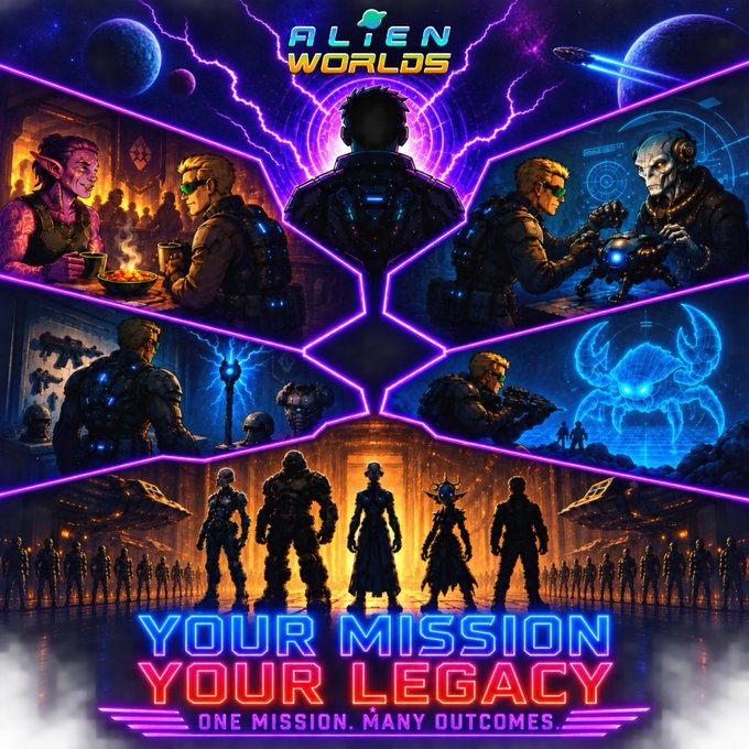 This promotional image for "Alien Worlds" features a collage of sci-fi characters and environments divided by neon lines, centered around a large silhouette and framed by the slogan "YOUR MISSION YOUR LEGACY." The artwork visually represents the "Choose Your Own Adventure" gameplay mentioned in the post by showcasing various branching paths, characters, and potential outcomes.