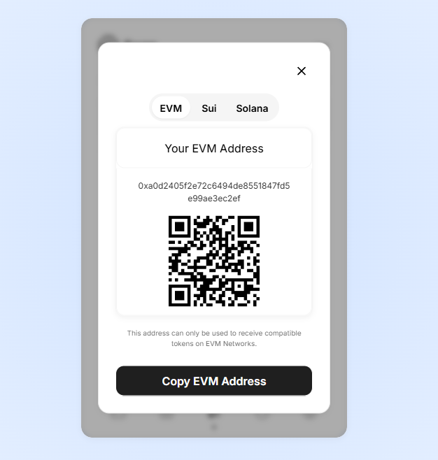 The image shows a wallet interface from WaaP.xyz displaying an EVM address (0xa0d2405f2e72c6494de8551847fd5e99ae3ec2ef) along with a QR code, with tabs for EVM, Sui, and Solana networks. This relates to the post by illustrating the multi-chain wallet's deposit feature, where users can earn points by receiving funds to their EVM-compatible address.