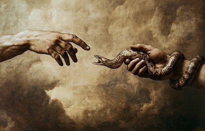 An artistic painting of two hands reaching toward each other—one offering a striking snake with its mouth open—evoking a struggle between temptation and salvation.