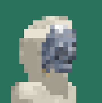 A low-resolution pixel art bust of a gray robotic or armored figure displayed against a solid dark green background.