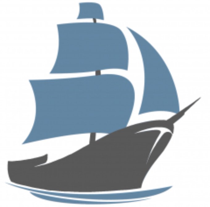 A stylized illustration of a blue and gray sailing ship with large sails and a pointed bow, sitting on small waves.