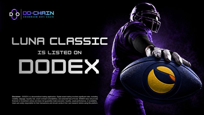 An advertisement graphic featuring a football player in purple gear holding a ball, with the text 'DO-CHAIN', 'LUNA CLASSIC IS LISTED ON DODEX', and a disclaimer at the bottom.