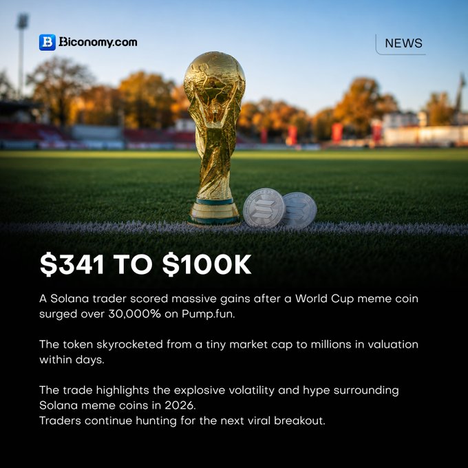 The image features a soccer trophy, coins, and text discussing the impact of a World Cup meme coin. The trophy represents a massive gain after investing $341 into a World Cup meme coin, which has already doubled its initial value from around $100K to over $200K in just under three months. The text explains that the player was turned into the token's owner by an explosion caused by the meme coin and highlights the impressive profits made in this venture due to the exploding value of the token.
