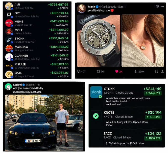 A collage of social media screenshots showing cryptocurrency gains, including tickers like ORE, MEME, MOLT, STONK, and MarsCoin, alongside images of an Audemars Piguet watch, a Cartier pendant, a BMW M3 (plate 'PG NE 917'), and posts from users Frank, loshmi, and others.