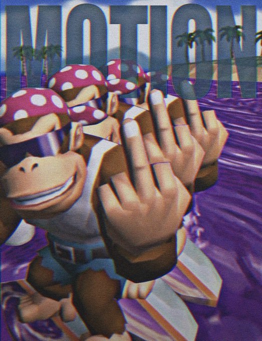 A retro/vaporwave-style image of Donkey Kong characters surfing on jet skis, with the word "MOTION" overlaid in large, translucent text across the top.