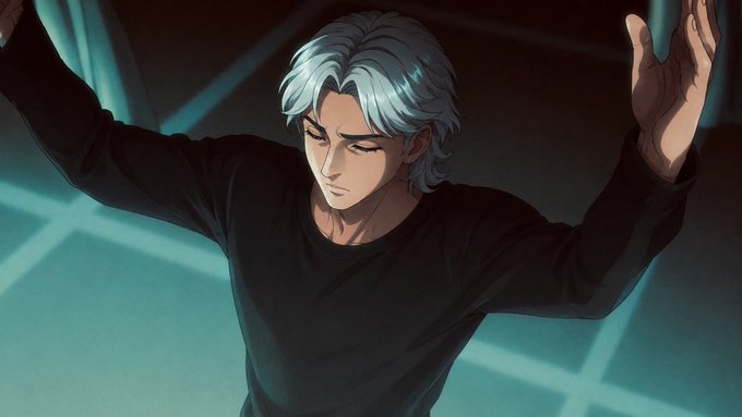 The image shows an anime-style illustration of a young man with messy white/silver hair and striking teal eyes, wearing a black long-sleeved shirt with his arms raised in an energetic pose against a dark teal geometric background. This dramatic, confident image visually reinforces the post's announcement of Kaito's comeback and the launch of Katalyst, suggesting the project's triumphant return with renewed energy.