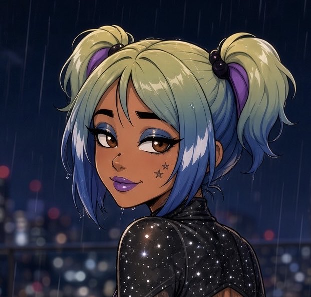 An anime-style illustration depicts a character with blue and green pigtails, star face markings, and a sparkling dark outfit against a rainy city backdrop.