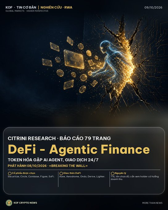 A Vietnamese crypto news graphic titled 'DeFi – Agentic Finance' from KOF Crypto News, referencing a Citrini Research 79-page report about AI agent tokens, dated 09/10/2026.