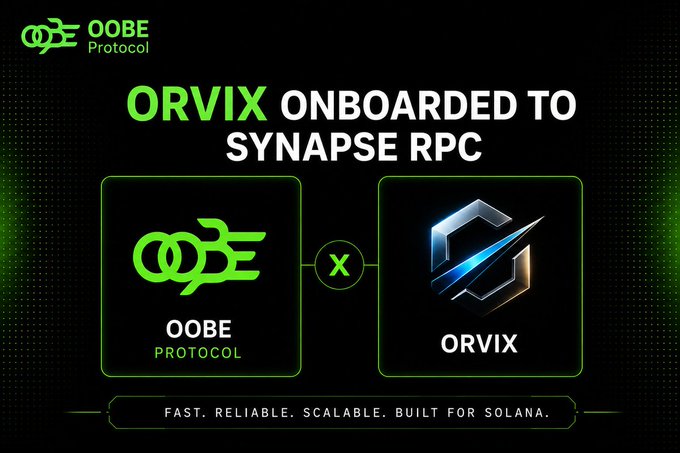 A promotional graphic for 'OOBE Protocol' announcing 'ORVIX ONBOARDED TO SYNAPSE RPC,' featuring both the OOBE and ORVIX logos connected by an 'X' symbol, with the tagline 'FAST. RELIABLE. SCALABLE. BUILT FOR SOLANA.'
