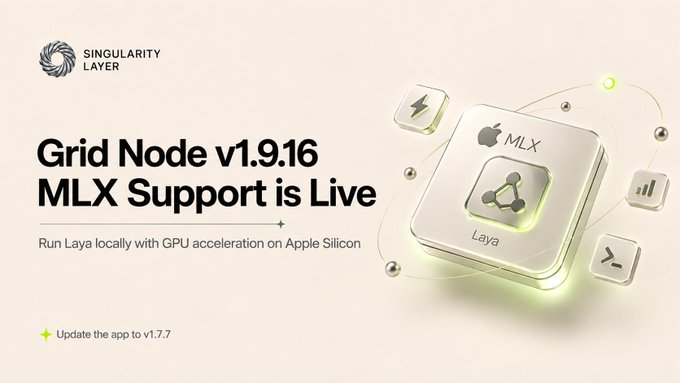 A promotional graphic announces 'Grid Node v1.9.16 MLX Support is Live' for the Singularity Layer, allowing users to 'Run Laya locally with GPU acceleration on Apple Silicon' and to 'Update the app to v1.7.7'.