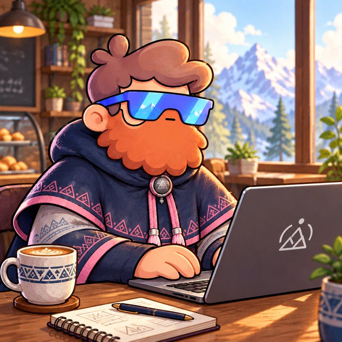 A cartoon-style illustration shows a bearded man wearing futuristic blue sunglasses and a patterned poncho working on a laptop with a logo, sitting next to a latte in a cafe with mountains in the background.