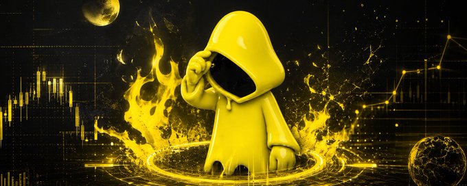 A 3D-rendered character in a yellow hoodie stands amidst yellow flames against a dark background filled with financial charts and celestial bodies.